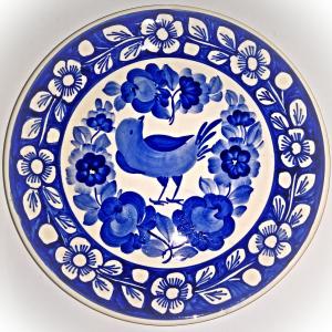 瓷盘, 墙板, 德尔福特风格, 蓝色白色, 鸟, 花卉藤蔓, 厨房