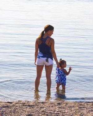 海滩, 母亲和女儿, 涟漪, 夏季, 水, 享受, 儿童