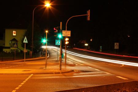 道路, 灯, 交通, 晚上, 照明, 长时间曝光, 沥青