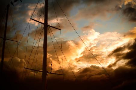 桅杆, 索具, 船舶, 帆船, 高高的船, 日落, cloudscape