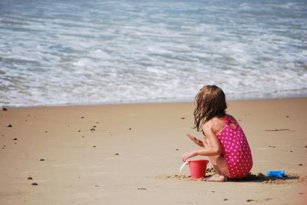 海滩, 儿童, 玩, 沙子, 孤独, 波, 海