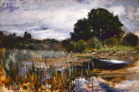 弗兰克 duceneck, 绘画, 艺术, 油在帆布风景, 池塘, 自然, 天空