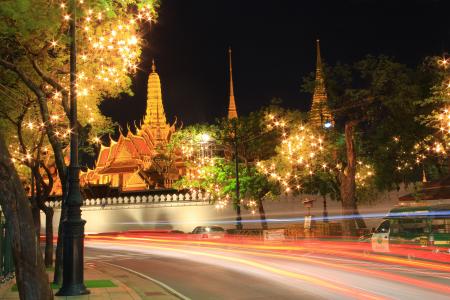 翡翠佛寺, 晚上, 光, 火的线, 旅游, 曼谷, 泰国