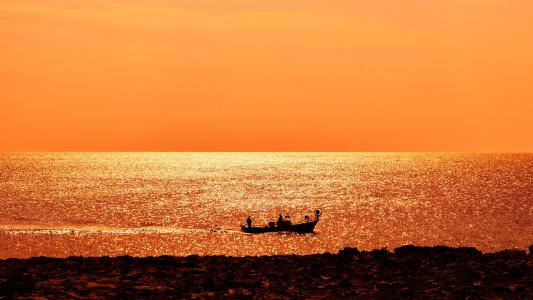 海, 小船, 日落, 黄金, 阳光, 地平线, 捕鱼的时间