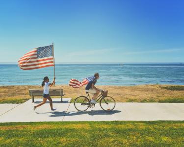 自行车, 夫妇, 快乐, 甜, 美国, 国旗, 草