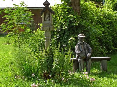 花园, 雕塑, 教堂, 板凳, 绿色, 夏季, 村庄