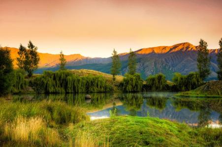 bendemeer 庄园, 水中的倒影, 日出, 新西兰, 山脉, 景观, 荒野