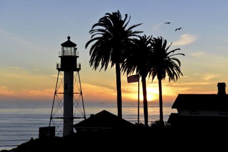 日落, 海景, 水, 灯塔, 剪影, 圣地亚哥, 加利福尼亚州