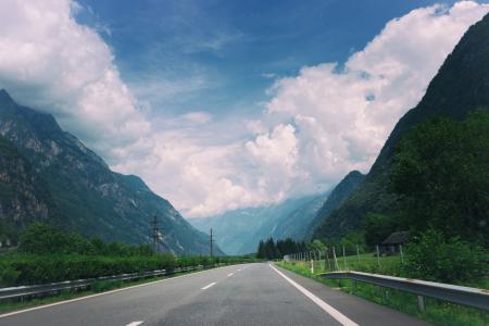 道路, 公路, 栏杆, 蓝色, 天空, 云彩, 山脉
