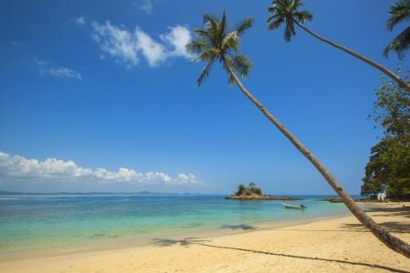 海滩, 蓝蓝的天空, 小船, 岛屿, 棕榈树, 沙子, 夏季