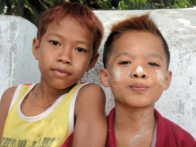 儿童, 男孩, 友谊, 缅甸, 缅甸, thanaka, 面部皮肤护理