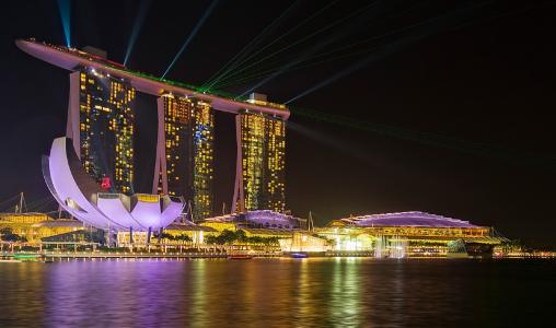 新加坡, 晚上, 激光表演, 建筑, 水, 城市, 天际线