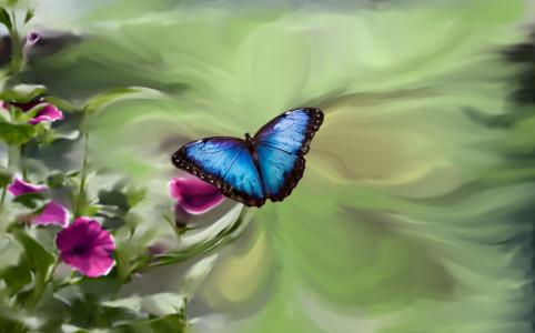 蓝色的蝴蝶, 帕尤妮亚, 花园绿地, 蓝色, 蝴蝶, 照片绘画, 像素绘画