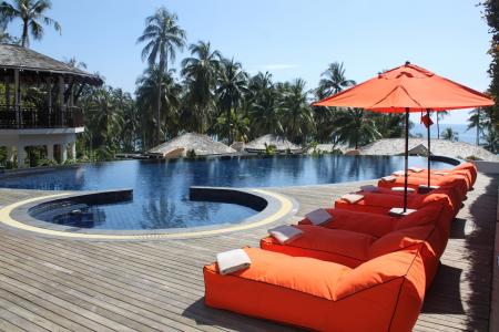 酒店, 游泳池, 度假, 泰国, 沽岛, 日光浴, 遮阳伞