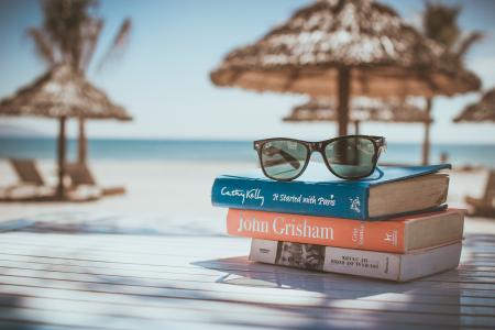 书籍, 阅读, 海滩, 度假, 太阳镜, 放松, 弛豫