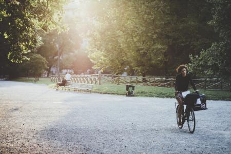女人, 骑自行车, 休闲, 公园, 户外, 妇女, 阳光
