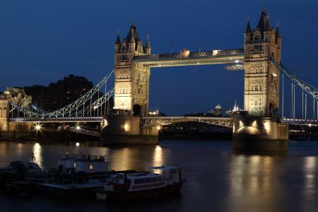小船, 桥梁, 黑暗, 英格兰, 灯, 伦敦, 晚上