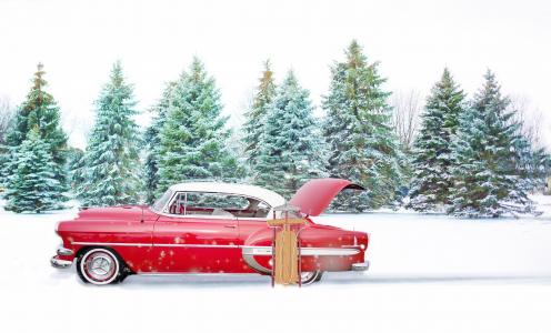 红色的老爷车, 冬天, 松树, 红色的车, 雪, 雪橇, 汽车