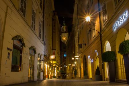萨尔茨堡, 旧城, 小巷, 莫扎特之城, 奥地利, 晚上张照片, 哈夫纳-gasse