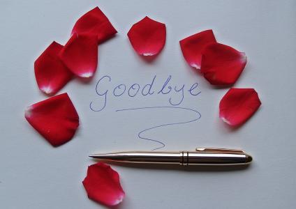 再见, 单词, 玫瑰花瓣, 红色, 钢笔, 黄金, 闪亮