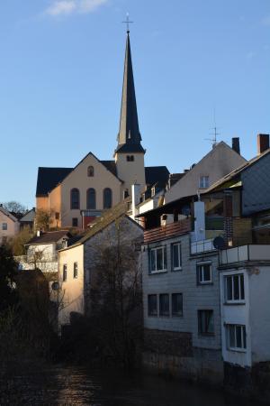城市, waxweiler, 教会, 建筑, 教堂的塔楼