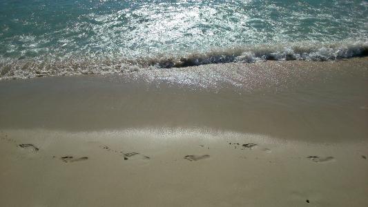 脚印, 沙子, 太阳, 海滩, 海, 海岸, 海洋
