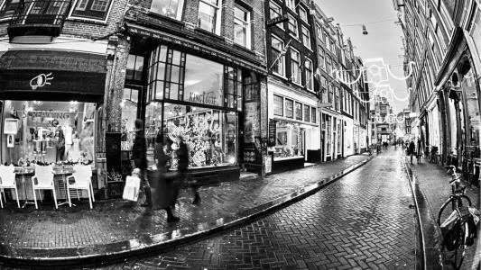 复古背景, 旅行, 阿姆斯特丹, 街道, 运动, 雨, 黑色和白色