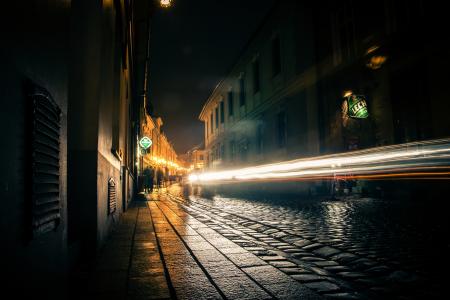 街道, 小巷, 晚上, 光, 建筑, 汽车, 照明