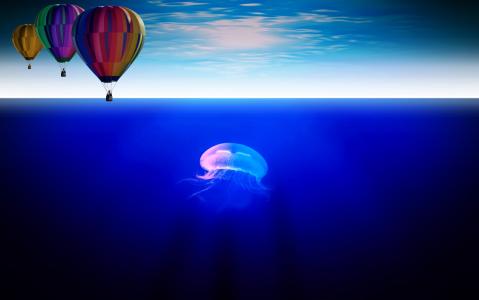 气球, 海, 水母, 宽, 深, 遥远, 渴望