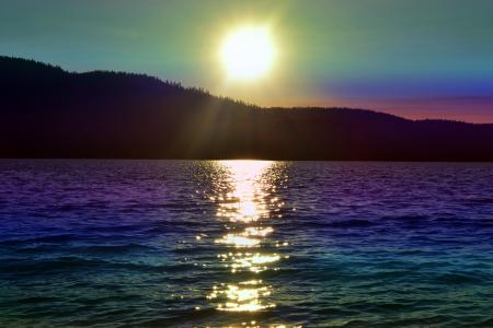 日落, 彩虹色, 太阳, 水, 湖, 小山, 涟漪