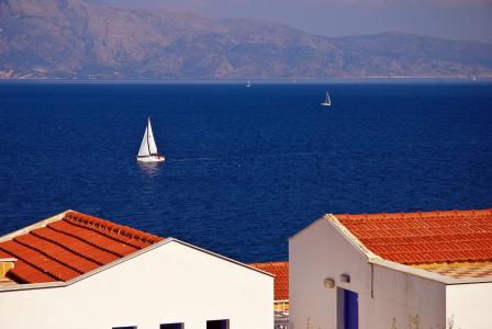 希腊, 海, 帆船, 屋顶, 山脉, 度假, 夏季