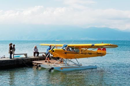 水上飞机, 日内瓦, 湖, 瑞士, 山脉, 云彩, 船舶