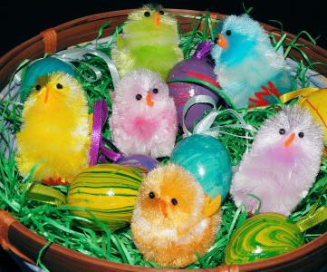 复活节, 购物篮, 多彩, 小鸡, 装饰, 甜