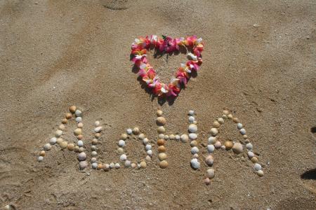 阿罗哈, 沙子, 夏威夷, 海滩, 热带, 度假, 夏季