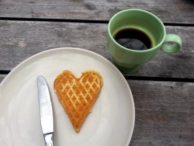 心, 华夫饼, 早餐, 爱, 甜点, 食品, 咖啡