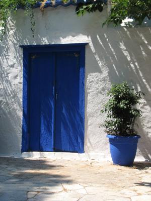 蓝色, 门, 木材, 灰泥, 希腊, 首页, 门口