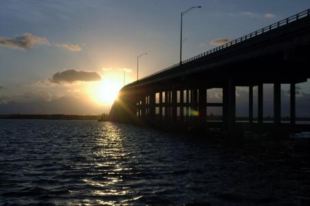 桥梁, 关键坎, 日出, 佛罗里达州, 迈阿密, 湾, 海