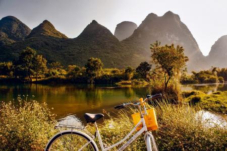 中国, 景观, 日出, 山脉, 形成, 自行车, 旅行