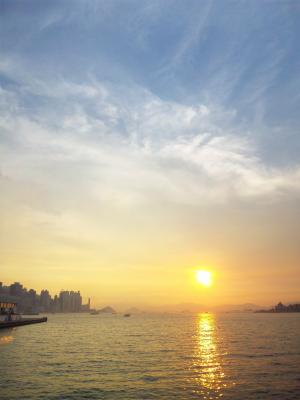 香港, 天空, 维多利亚, 港口, 日落, 太阳, 海洋