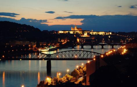 布拉格, 晚上, 日落, 伏尔塔瓦河, 城市的灯火, 桥梁, 河