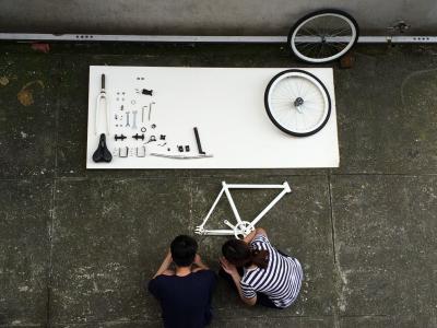 组装自行车, 组件, 自行车, 顶视图, 黑色和白色, 构造, 详细信息