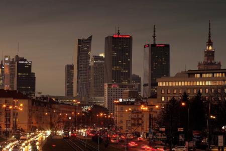 华沙, 城市, 街道, 交通, 晚上, 日落, 摩天大楼