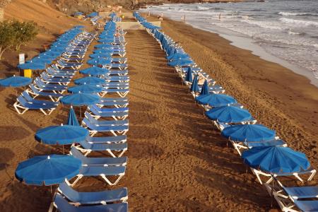 海滩, 关注, 太阳椅, 遮阳伞, 蓝色, 沙滩