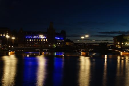 斯德哥尔摩, 晚上, 瑞典, 河, 照明, 桥梁, 斯堪的那维亚