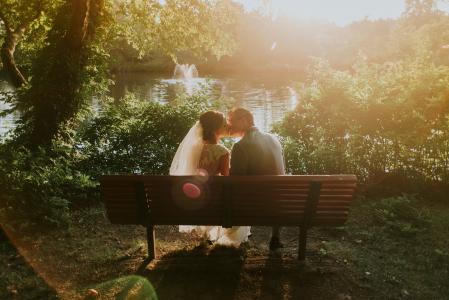夫妇, 坐, 棕色, 木制, 板凳, 接吻, 婚姻