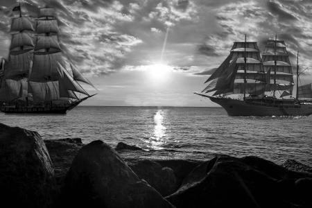 海, 小船, 船舶, 岩石, 地平线, 大船, 黑色和白色
