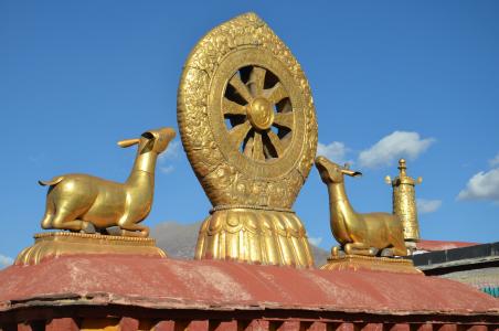 西藏, 拉萨, 大昭寺, 屋顶, 金色圆顶, 旅行, 蓝蓝的天空