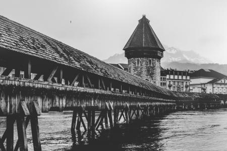 建筑, 黑白, 建设, 行人天桥, 卢塞恩, 河, 瑞士