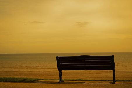 板凳, 海, 棕褐色, 影响, 背景, 日落, 橙色