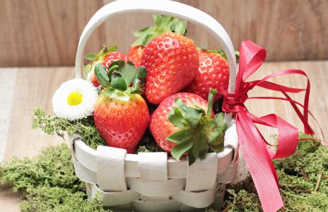 草莓, 购物篮, 青苔, 开花, 绽放, 春天, 绿色